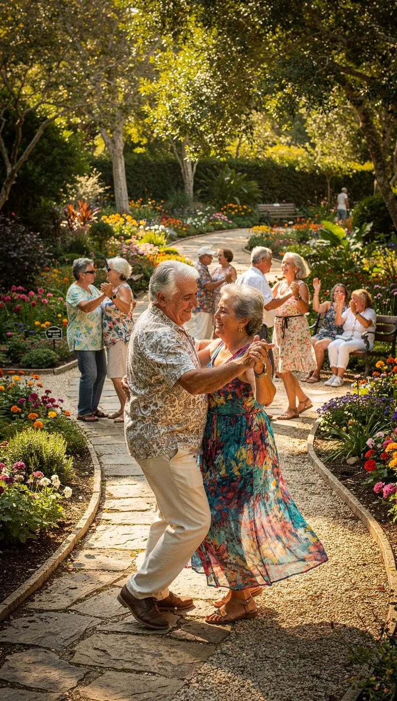 Retirees dancing at a vibrant salsa event